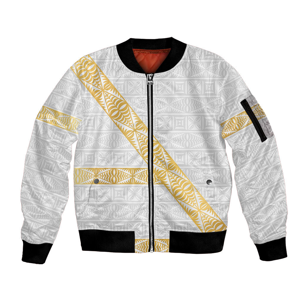 Tonga White Sunday Sleeve Zip Bomber Jacket Fakame Tongan Ngatu Pattern Gold Strips LT14 Unisex White - Polynesian Pride