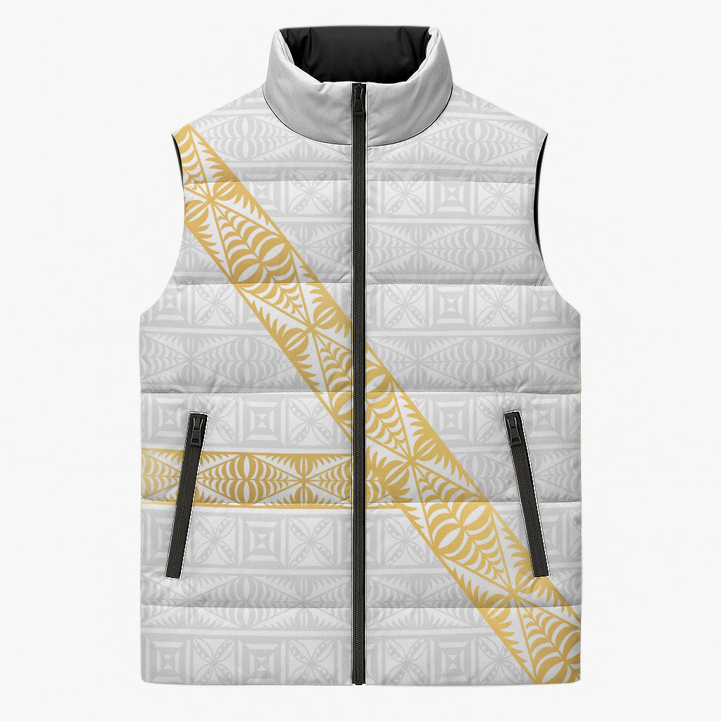 Tonga White Sunday Sleeveless Puffer Jacket Fakame Tongan Ngatu Pattern Gold Strips LT14 Unisex White - Polynesian Pride