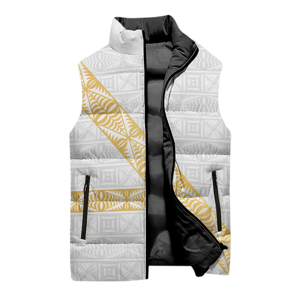 Tonga White Sunday Sleeveless Puffer Jacket Fakame Tongan Ngatu Pattern Gold Strips LT14 - Polynesian Pride