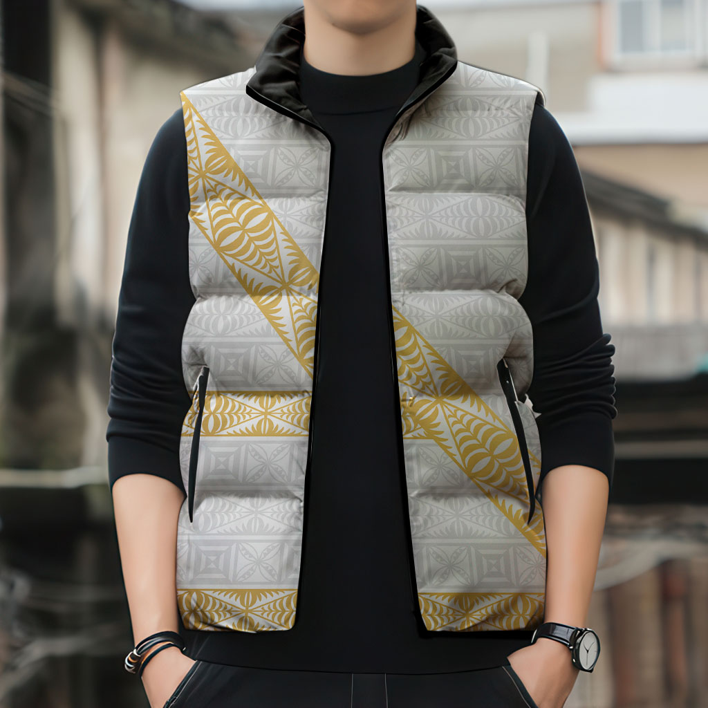 Tonga White Sunday Sleeveless Puffer Jacket Fakame Tongan Ngatu Pattern Gold Strips LT14 - Polynesian Pride