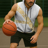 Tonga White Sunday Sleeveless Zip Hoodie Fakame Tongan Ngatu Pattern Gold Strips LT14 - Polynesian Pride