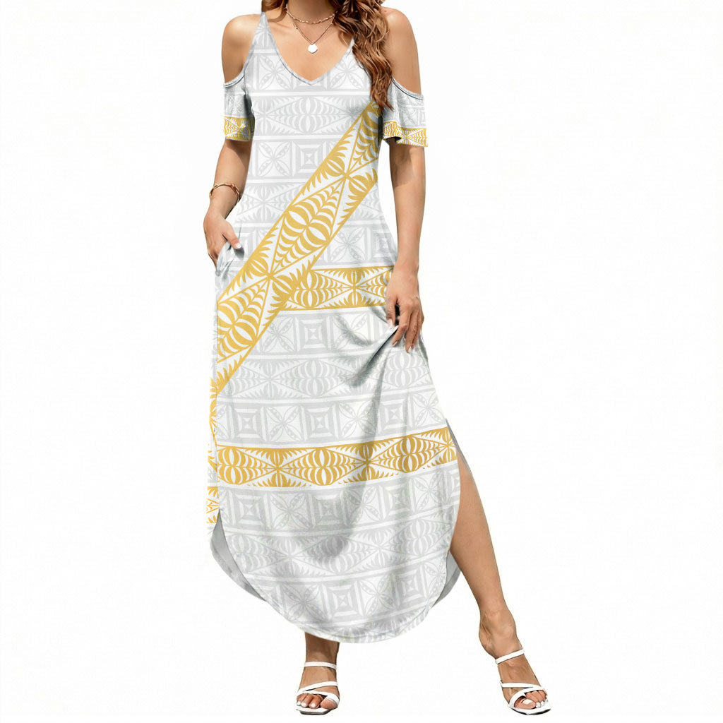 Tonga White Sunday Summer Maxi Dress Fakame Tongan Ngatu Pattern Gold Strips LT14 Women White - Polynesian Pride