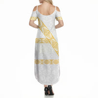 Tonga White Sunday Summer Maxi Dress Fakame Tongan Ngatu Pattern Gold Strips LT14 - Polynesian Pride