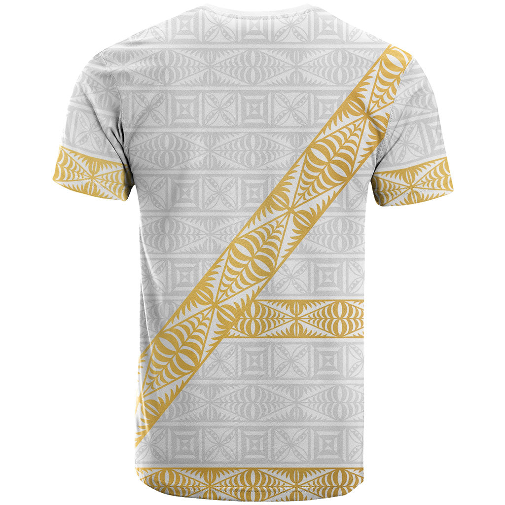 Tonga White Sunday T Shirt Fakame Tongan Ngatu Pattern Gold Strips LT14 - Polynesian Pride