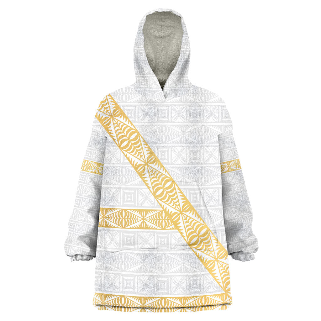 Tonga White Sunday Wearable Blanket Hoodie Fakame Tongan Ngatu Pattern Gold Strips LT14 One Size White - Polynesian Pride
