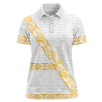 Tonga White Sunday Women Polo Shirt Fakame Tongan Ngatu Pattern Gold Strips LT14 Female White - Polynesian Pride