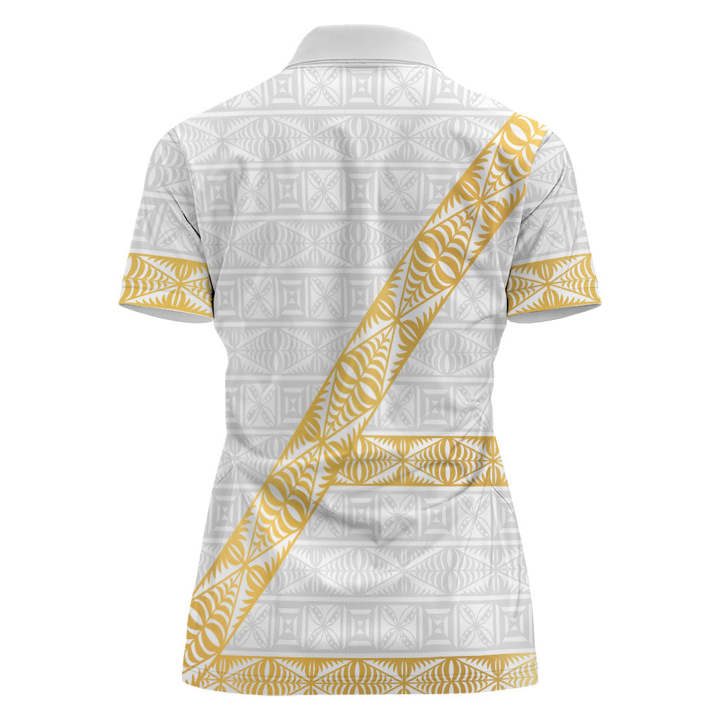 Tonga White Sunday Women Polo Shirt Fakame Tongan Ngatu Pattern Gold Strips LT14 - Polynesian Pride