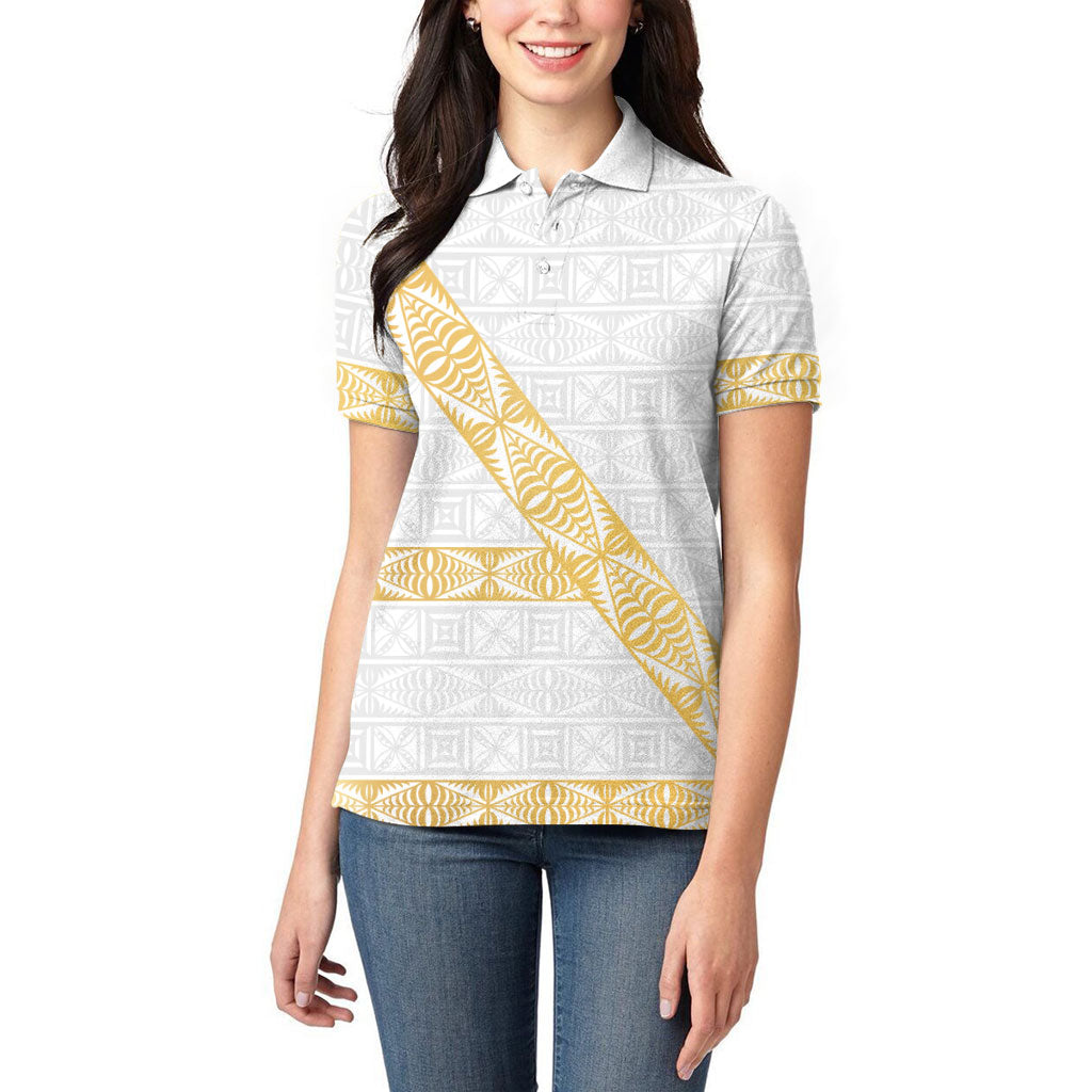 Tonga White Sunday Women Polo Shirt Fakame Tongan Ngatu Pattern Gold Strips LT14 - Polynesian Pride