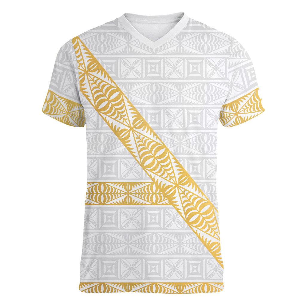 Tonga White Sunday Women V-Neck T-Shirt Fakame Tongan Ngatu Pattern Gold Strips LT14 Female White - Polynesian Pride