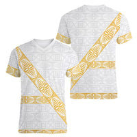 Tonga White Sunday Women V-Neck T-Shirt Fakame Tongan Ngatu Pattern Gold Strips LT14 - Polynesian Pride