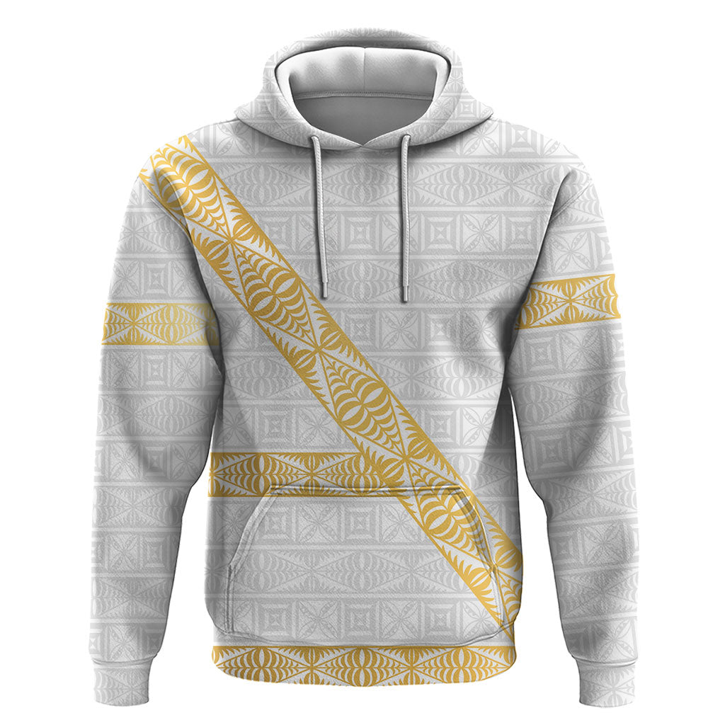 Tonga White Sunday Zip Hoodie Fakame Tongan Ngatu Pattern Gold Strips LT14 Pullover Hoodie White - Polynesian Pride