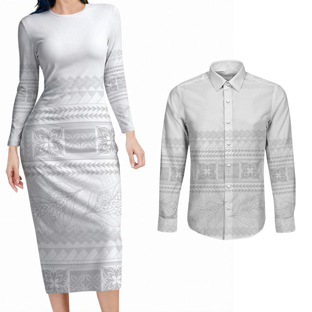 Samoa White Sunday Couples Matching Long Sleeve Bodycon Dress and Long Sleeve Button Shirt Lotu Tamaiti Samoan Siapo Teuila Flowers LT14 White - Polynesian Pride
