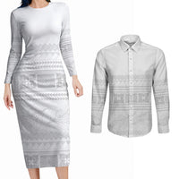Samoa White Sunday Couples Matching Long Sleeve Bodycon Dress and Long Sleeve Button Shirt Lotu Tamaiti Samoan Siapo Teuila Flowers LT14 White - Polynesian Pride