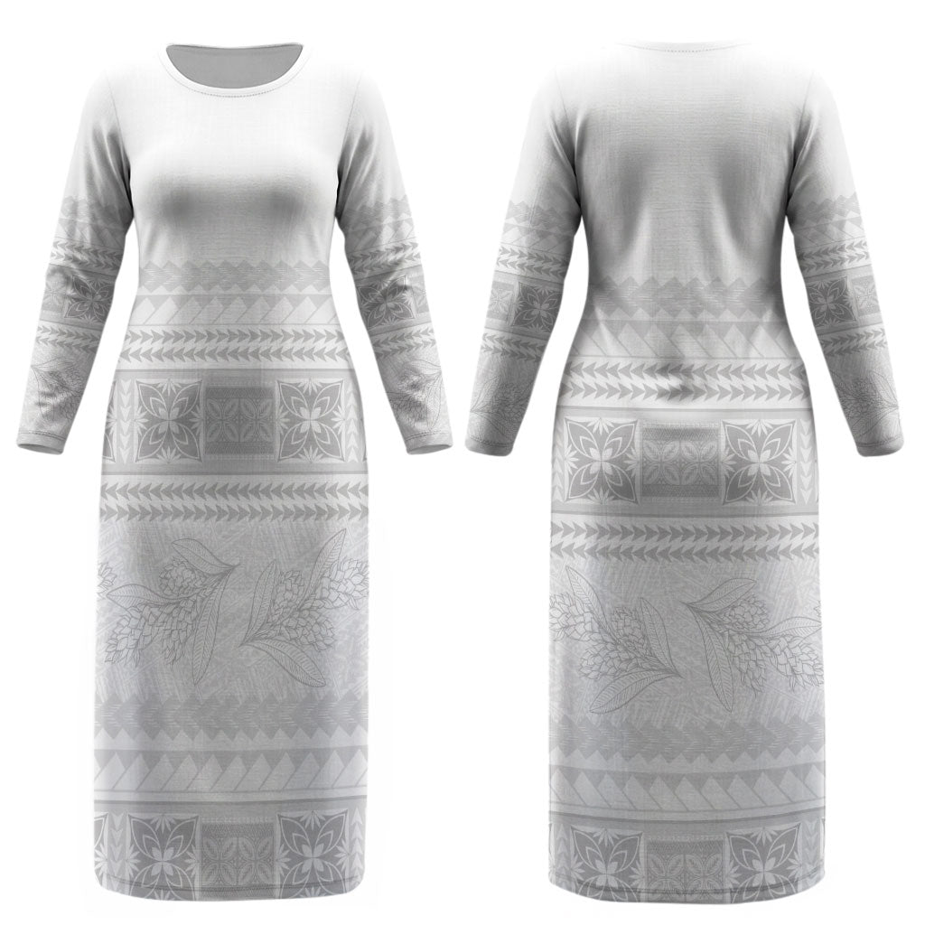 Samoa White Sunday Couples Matching Long Sleeve Bodycon Dress and Long Sleeve Button Shirt Lotu Tamaiti Samoan Siapo Teuila Flowers LT14 - Polynesian Pride