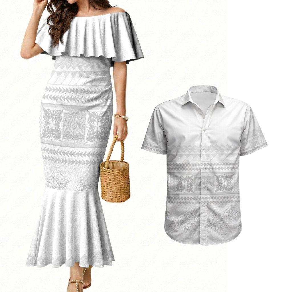 Samoa White Sunday Couples Matching Mermaid Dress and Hawaiian Shirt Lotu Tamaiti Samoan Siapo Teuila Flowers LT14 White - Polynesian Pride