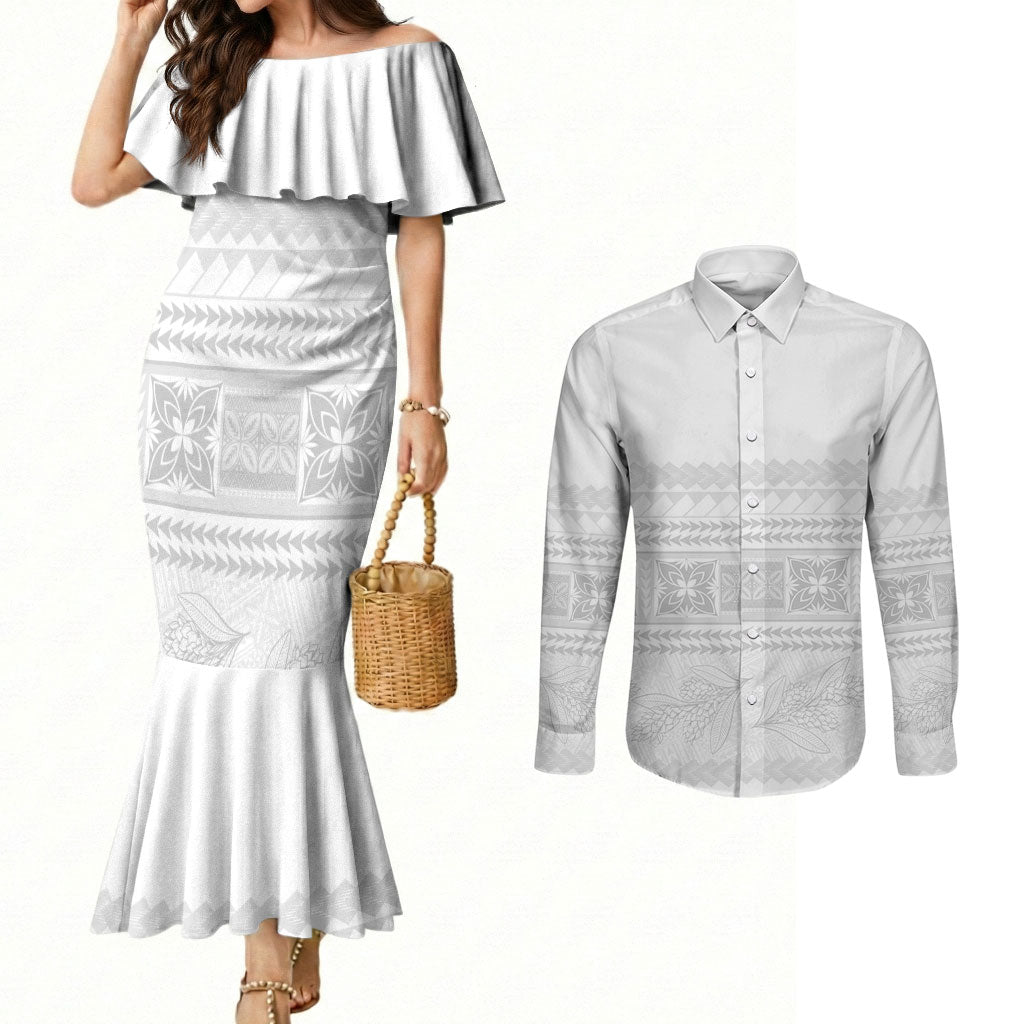 Samoa White Sunday Couples Matching Mermaid Dress and Long Sleeve Button Shirt Lotu Tamaiti Samoan Siapo Teuila Flowers LT14 White - Polynesian Pride