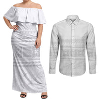 Samoa White Sunday Couples Matching Off Shoulder Maxi Dress and Long Sleeve Button Shirt Lotu Tamaiti Samoan Siapo Teuila Flowers LT14 White - Polynesian Pride