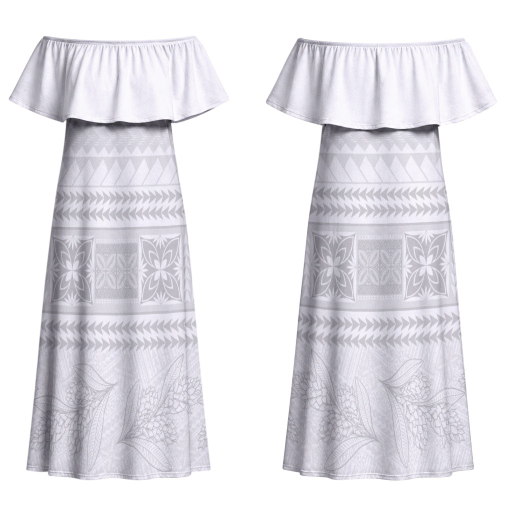 Samoa White Sunday Couples Matching Off Shoulder Maxi Dress and Long Sleeve Button Shirt Lotu Tamaiti Samoan Siapo Teuila Flowers LT14 - Polynesian Pride