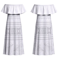 Samoa White Sunday Couples Matching Off Shoulder Maxi Dress and Long Sleeve Button Shirt Lotu Tamaiti Samoan Siapo Teuila Flowers LT14 - Polynesian Pride