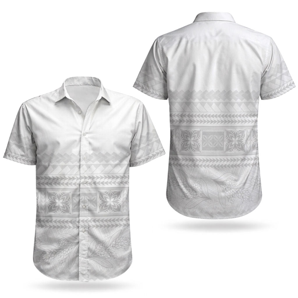 Samoa White Sunday Couples Matching Off Shoulder Short Dress and Hawaiian Shirt Lotu Tamaiti Samoan Siapo Teuila Flowers LT14 - Polynesian Pride