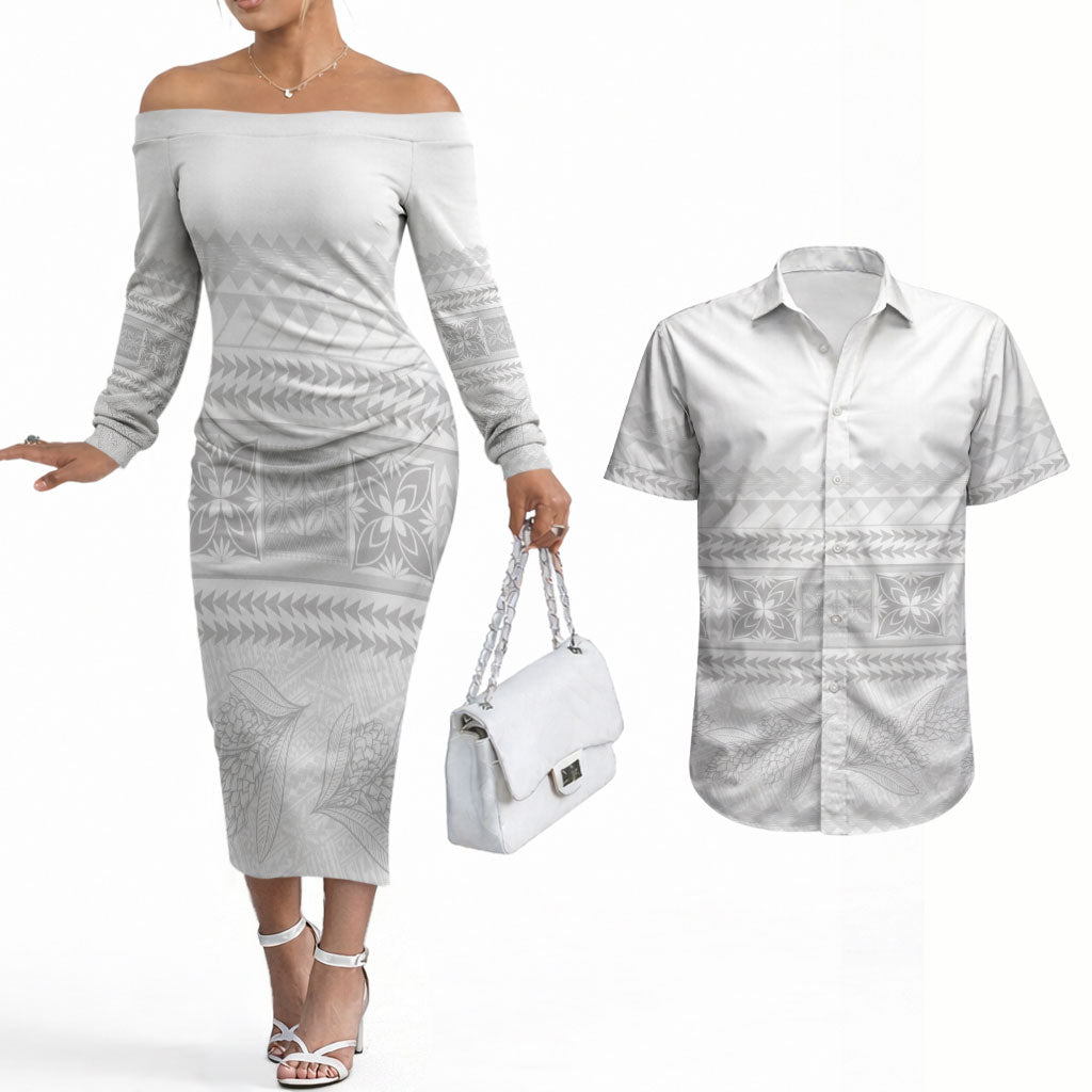 Samoa White Sunday Couples Matching Off The Shoulder Long Sleeve Dress and Hawaiian Shirt Lotu Tamaiti Samoan Siapo Teuila Flowers LT14 White - Polynesian Pride