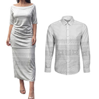 Samoa White Sunday Couples Matching Puletasi and Long Sleeve Button Shirt Lotu Tamaiti Samoan Siapo Teuila Flowers LT14 White - Polynesian Pride