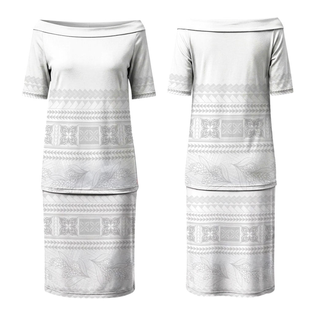 Samoa White Sunday Couples Matching Puletasi and Long Sleeve Button Shirt Lotu Tamaiti Samoan Siapo Teuila Flowers LT14 - Polynesian Pride