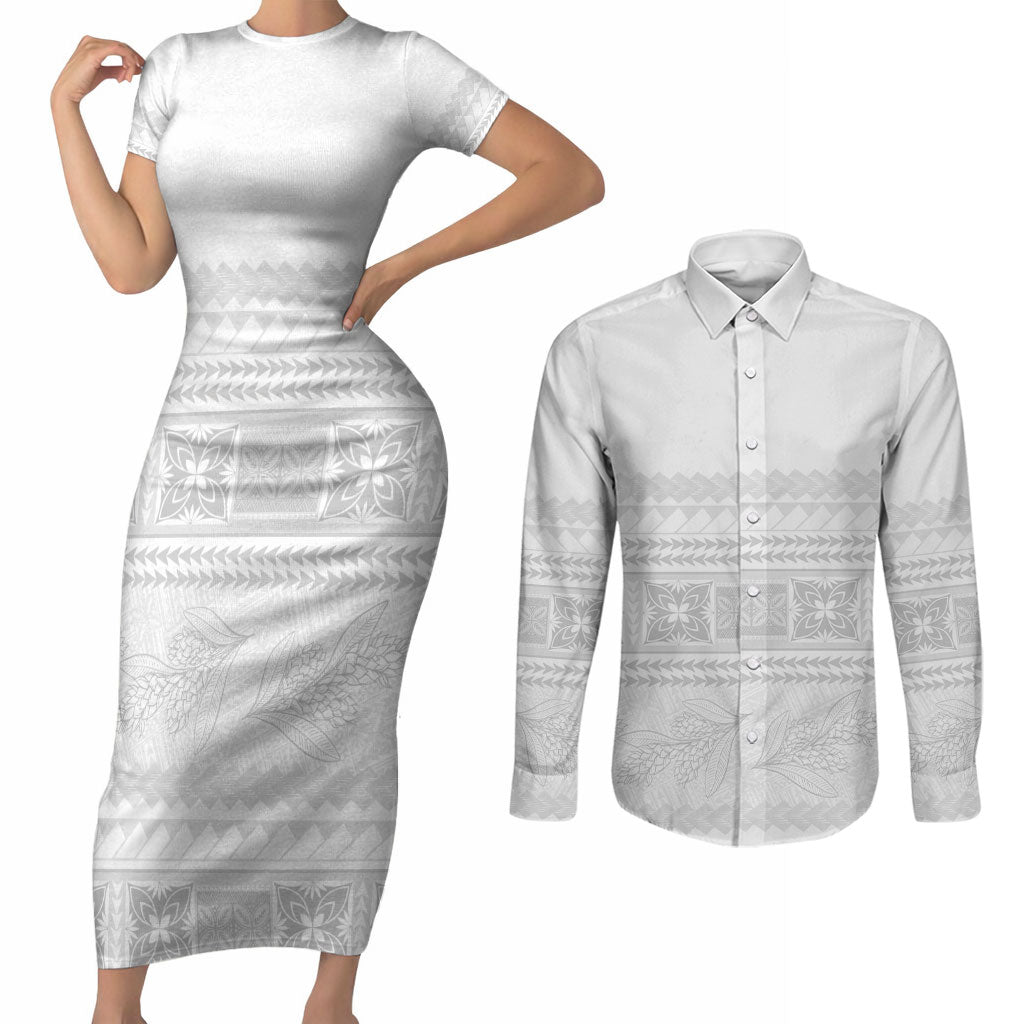 Samoa White Sunday Couples Matching Short Sleeve Bodycon Dress and Long Sleeve Button Shirt Lotu Tamaiti Samoan Siapo Teuila Flowers LT14 White - Polynesian Pride