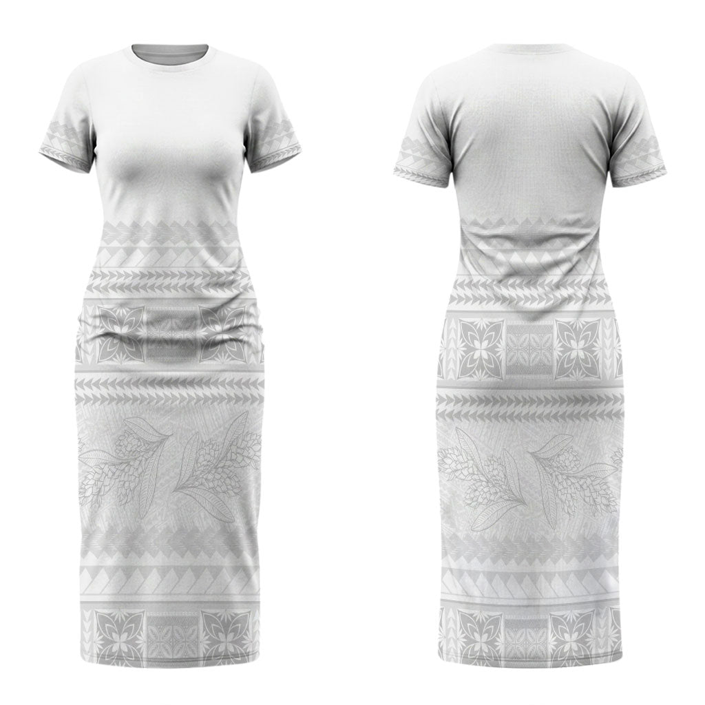 Samoa White Sunday Couples Matching Short Sleeve Bodycon Dress and Long Sleeve Button Shirt Lotu Tamaiti Samoan Siapo Teuila Flowers LT14 - Polynesian Pride