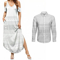 Samoa White Sunday Couples Matching Summer Maxi Dress and Long Sleeve Button Shirt Lotu Tamaiti Samoan Siapo Teuila Flowers LT14 White - Polynesian Pride
