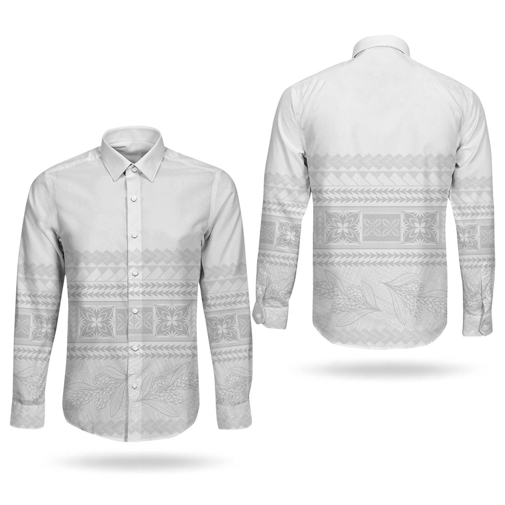 Samoa White Sunday Couples Matching Summer Maxi Dress and Long Sleeve Button Shirt Lotu Tamaiti Samoan Siapo Teuila Flowers LT14 - Polynesian Pride