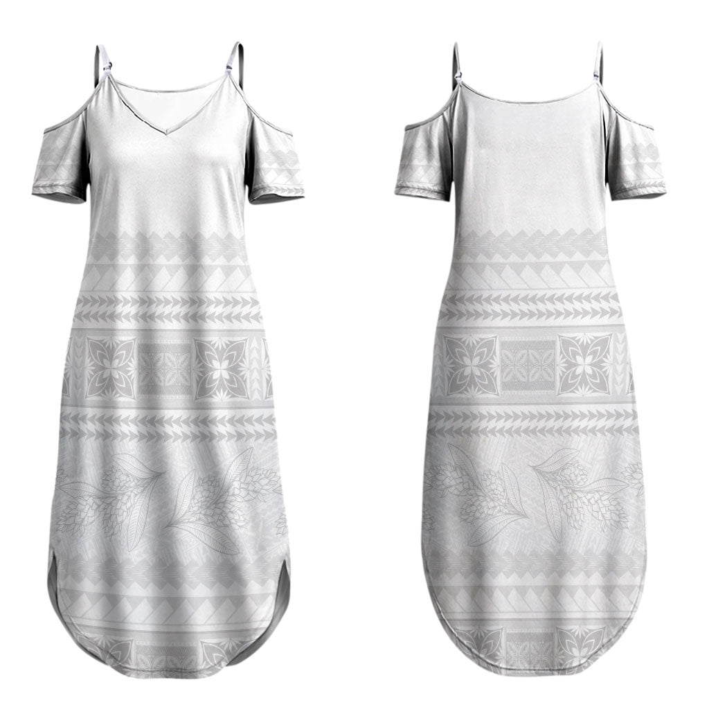 Samoa White Sunday Couples Matching Summer Maxi Dress and Long Sleeve Button Shirt Lotu Tamaiti Samoan Siapo Teuila Flowers LT14 - Polynesian Pride