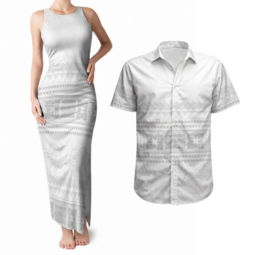 Samoa White Sunday Couples Matching Tank Maxi Dress and Hawaiian Shirt Lotu Tamaiti Samoan Siapo Teuila Flowers LT14 White - Polynesian Pride