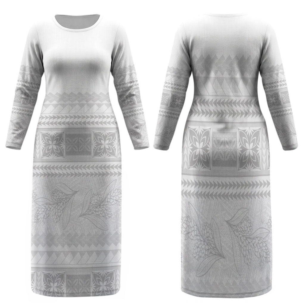 Samoa White Sunday Family Matching Long Sleeve Bodycon Dress and Hawaiian Shirt Lotu Tamaiti Samoan Siapo Teuila Flowers LT14 Mom's Dress White - Polynesian Pride