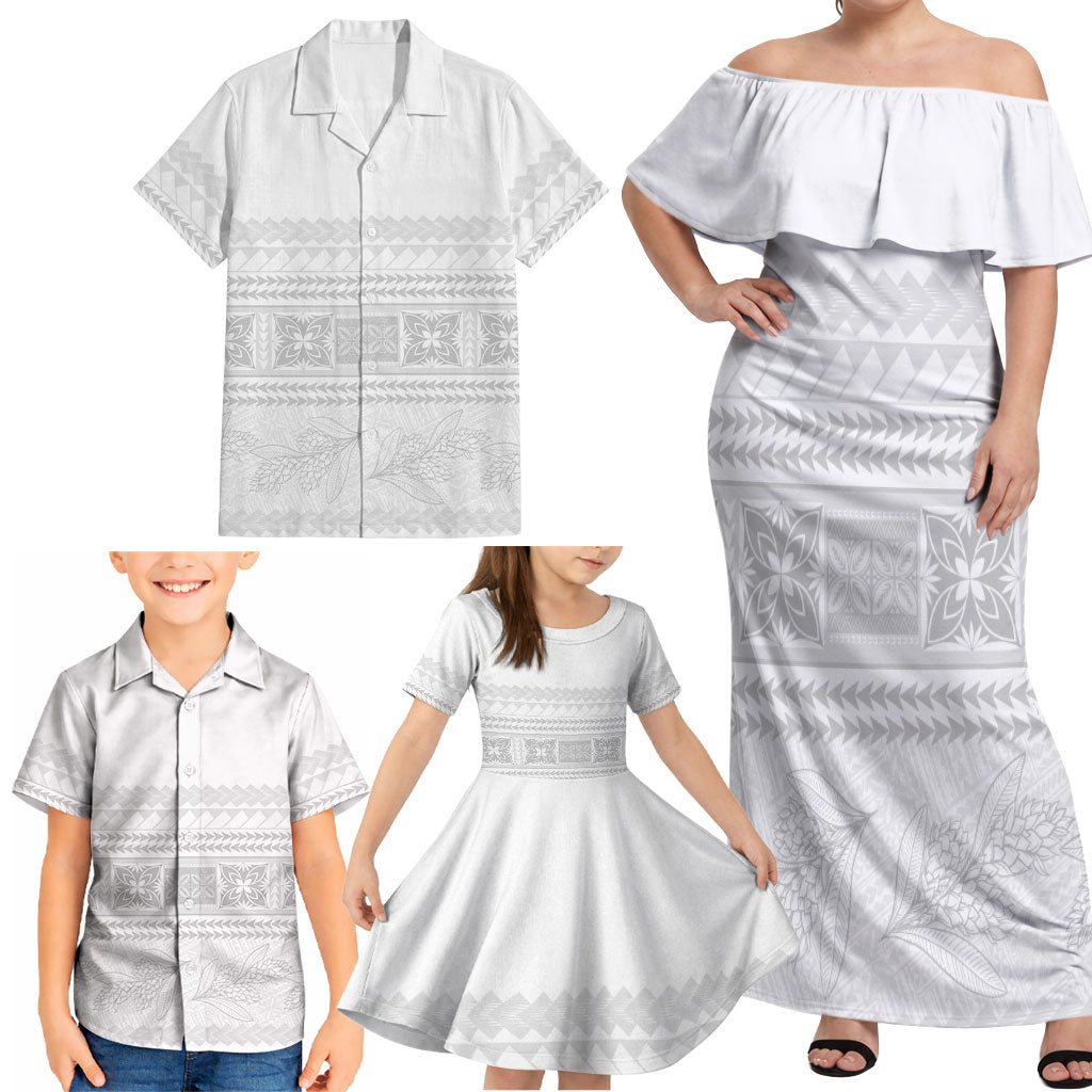 Samoa White Sunday Family Matching Off Shoulder Maxi Dress and Hawaiian Shirt Lotu Tamaiti Samoan Siapo Teuila Flowers LT14 - Polynesian Pride