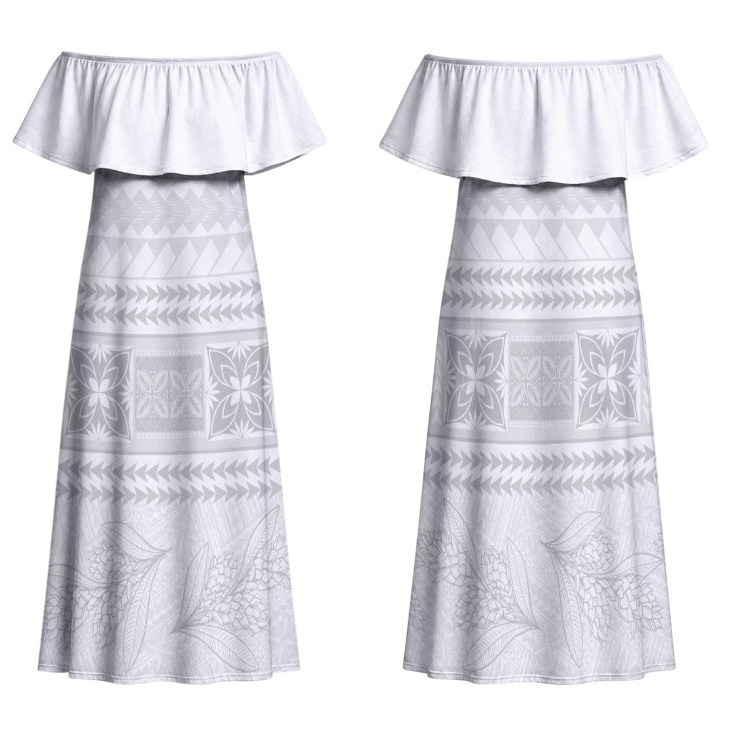 Samoa White Sunday Family Matching Off Shoulder Maxi Dress and Hawaiian Shirt Lotu Tamaiti Samoan Siapo Teuila Flowers LT14 Mom's Dress White - Polynesian Pride