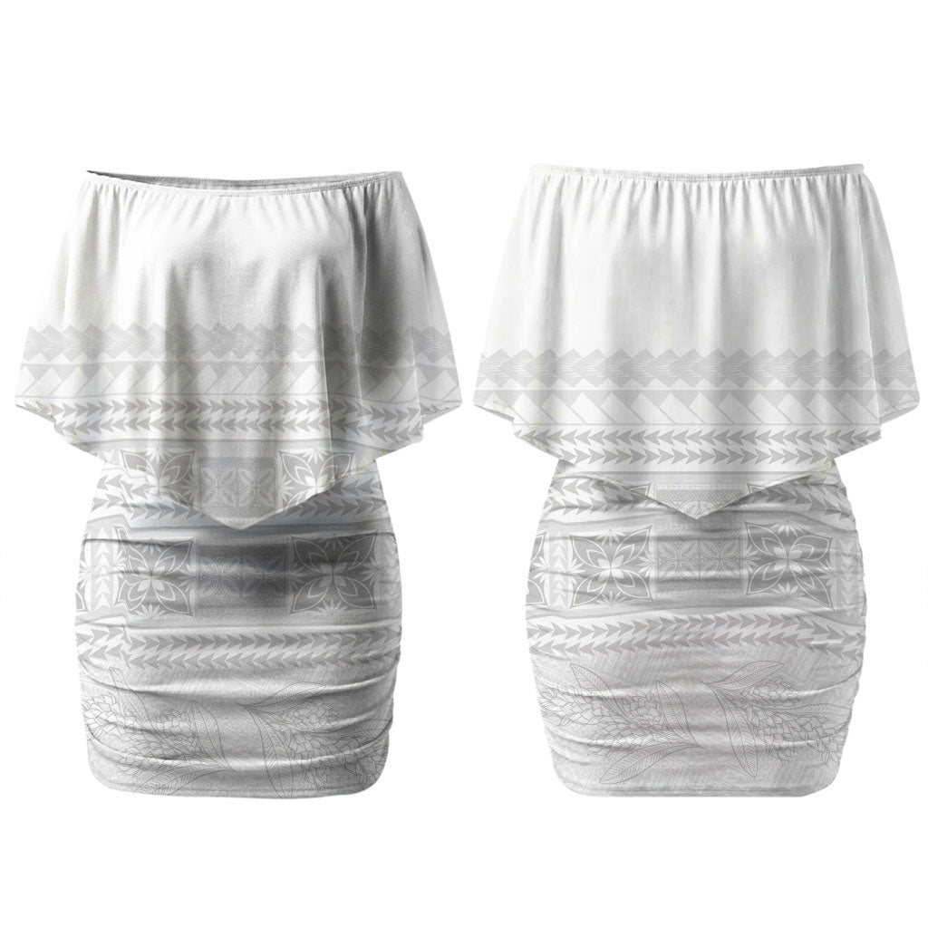 Samoa White Sunday Family Matching Off Shoulder Short Dress and Hawaiian Shirt Lotu Tamaiti Samoan Siapo Teuila Flowers LT14 Mom's Dress White - Polynesian Pride