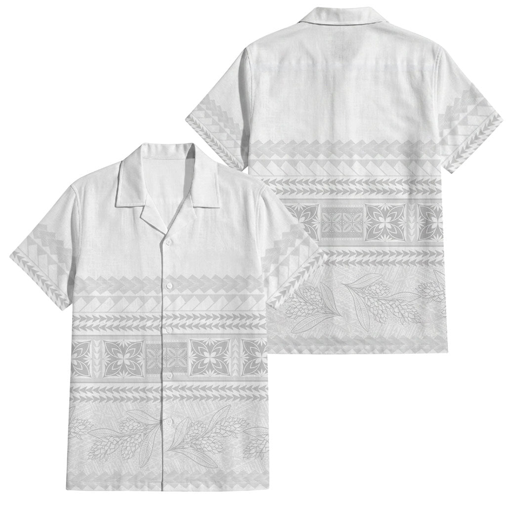 Samoa White Sunday Family Matching Off Shoulder Short Dress and Hawaiian Shirt Lotu Tamaiti Samoan Siapo Teuila Flowers LT14 Dad's Shirt - Short Sleeve White - Polynesian Pride