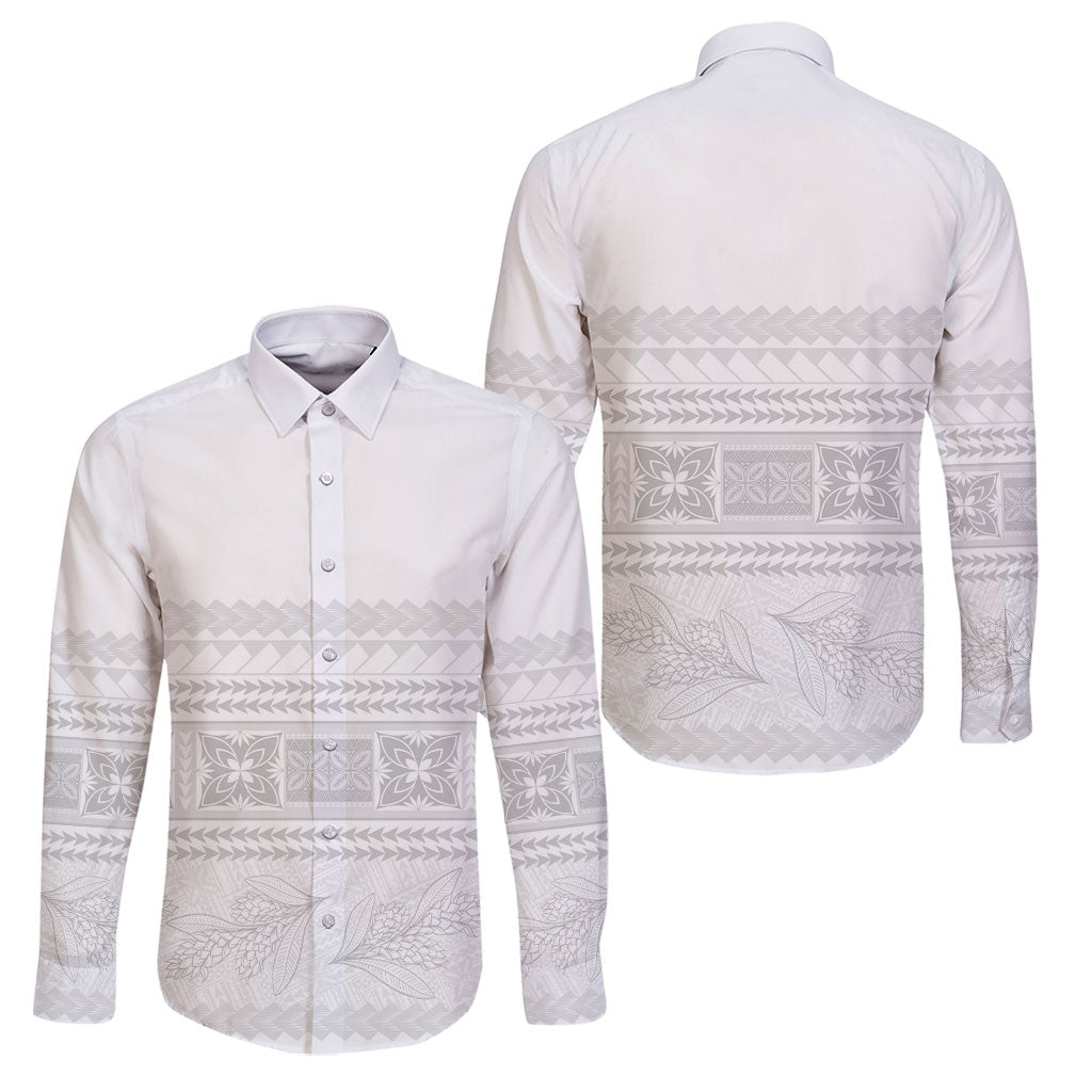 Samoa White Sunday Family Matching Off Shoulder Short Dress and Hawaiian Shirt Lotu Tamaiti Samoan Siapo Teuila Flowers LT14 Dad's Shirt - Long Sleeve White - Polynesian Pride