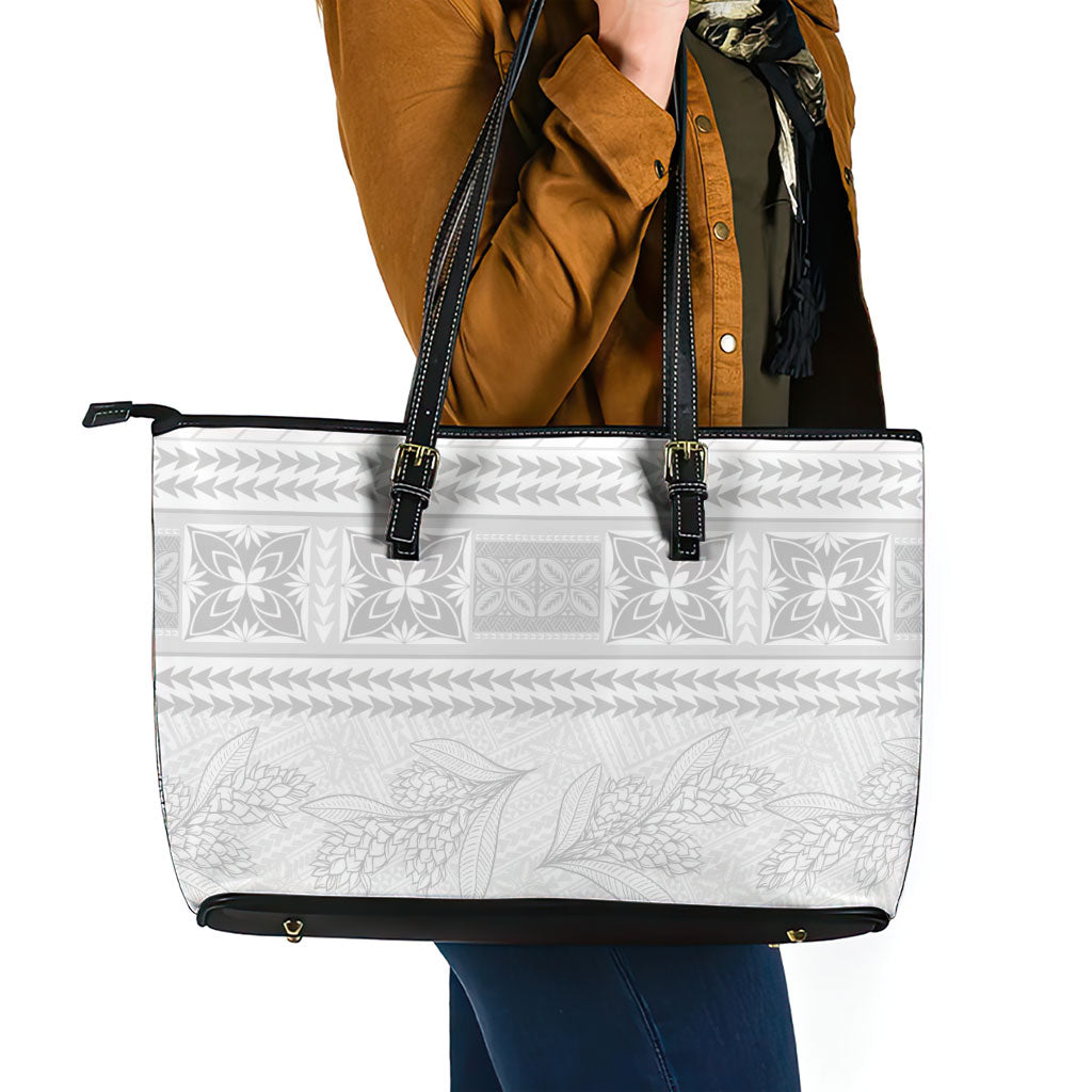 Samoa White Sunday Leather Tote Bag Lotu Tamaiti Samoan Siapo Teuila Flowers LT14 - Polynesian Pride