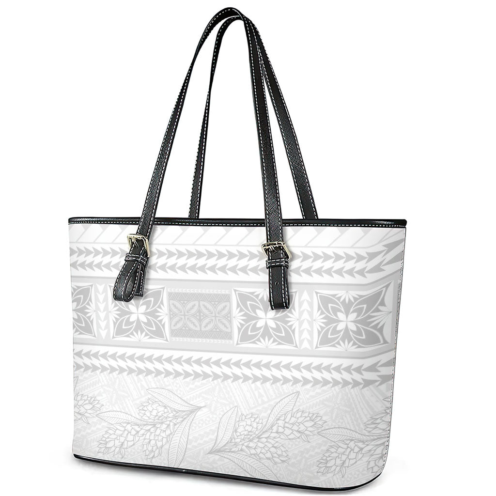 Samoa White Sunday Leather Tote Bag Lotu Tamaiti Samoan Siapo Teuila Flowers LT14 - Polynesian Pride