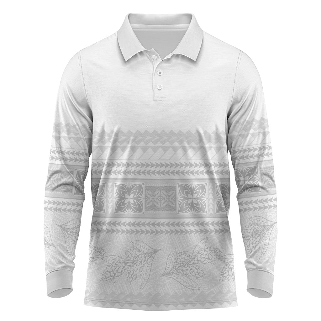 Samoa White Sunday Long Sleeve Polo Shirt Lotu Tamaiti Samoan Siapo Teuila Flowers LT14 White - Polynesian Pride