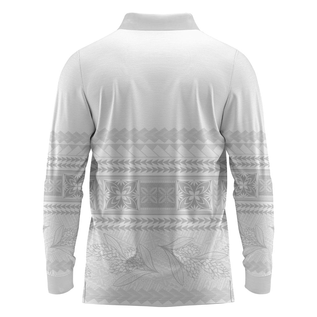 Samoa White Sunday Long Sleeve Polo Shirt Lotu Tamaiti Samoan Siapo Teuila Flowers LT14 - Polynesian Pride