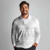 Samoa White Sunday Long Sleeve Polo Shirt Lotu Tamaiti Samoan Siapo Teuila Flowers LT14 - Polynesian Pride