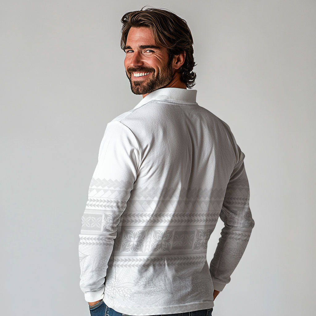Samoa White Sunday Long Sleeve Polo Shirt Lotu Tamaiti Samoan Siapo Teuila Flowers LT14 - Polynesian Pride