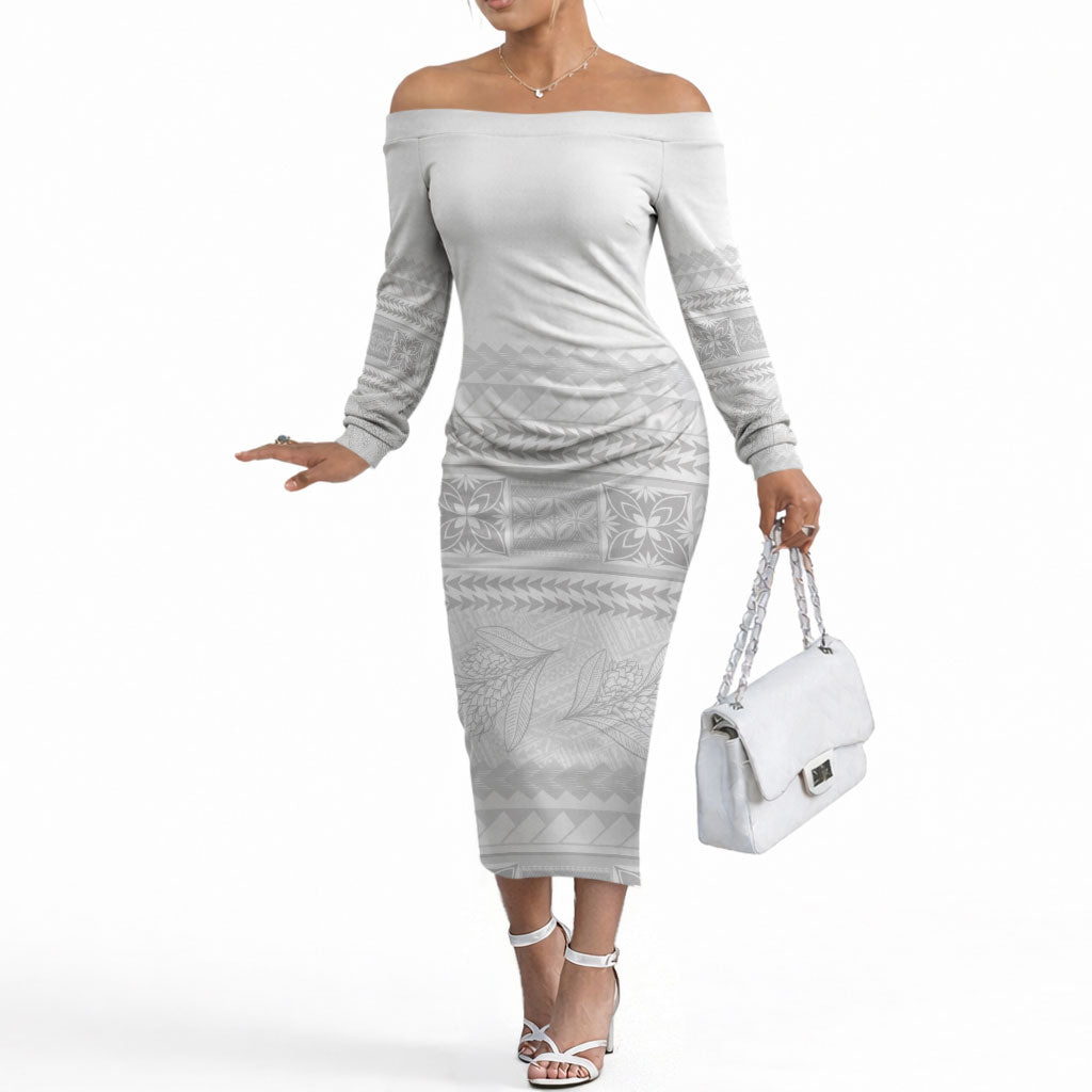 Samoa White Sunday Off The Shoulder Long Sleeve Dress Lotu Tamaiti Samoan Siapo Teuila Flowers LT14 Women White - Polynesian Pride