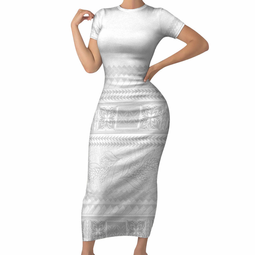 Samoa White Sunday Short Sleeve Bodycon Dress Lotu Tamaiti Samoan Siapo Teuila Flowers LT14 Long Dress White - Polynesian Pride