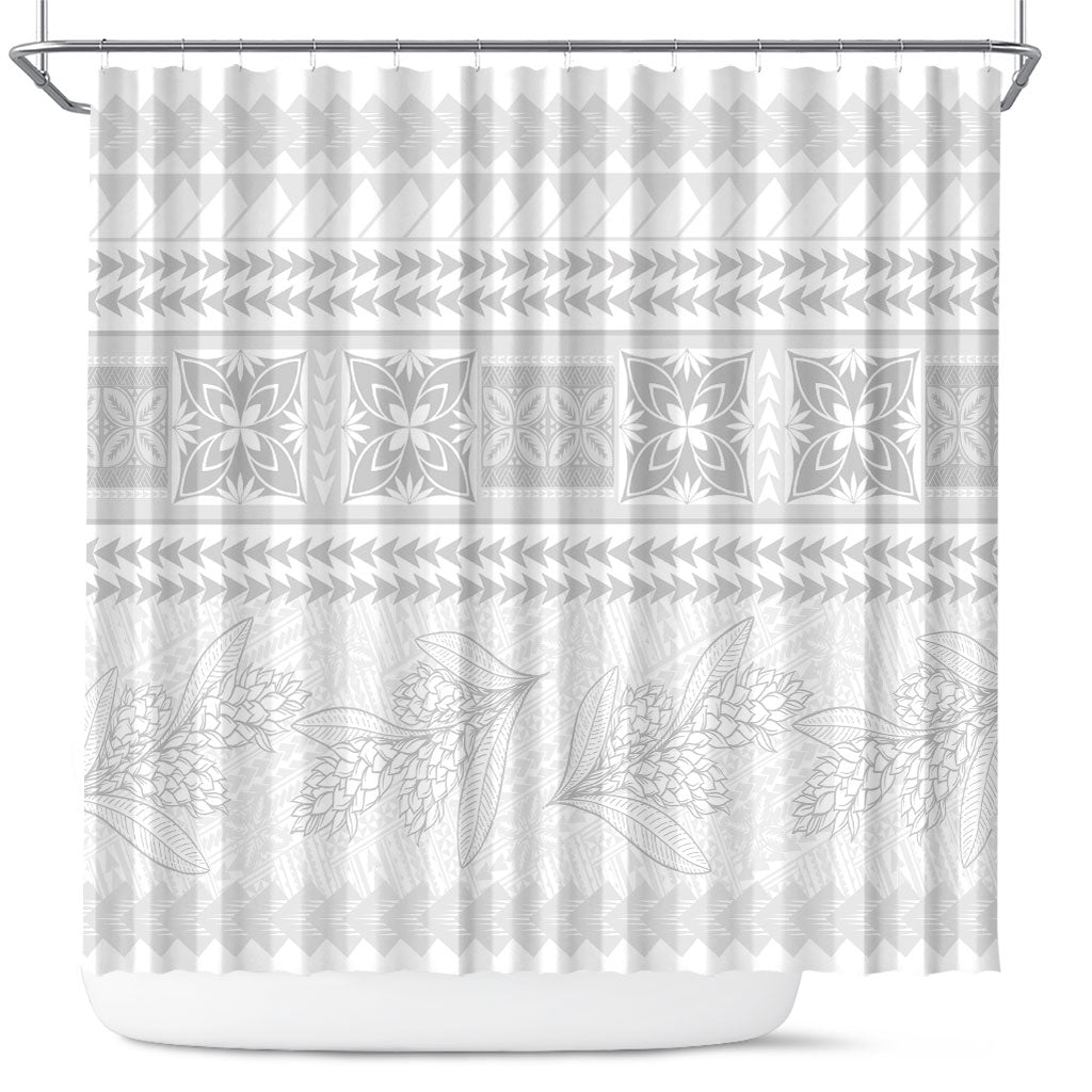 Samoa White Sunday Shower Curtain Lotu Tamaiti Samoan Siapo Teuila Flowers LT14 White - Polynesian Pride