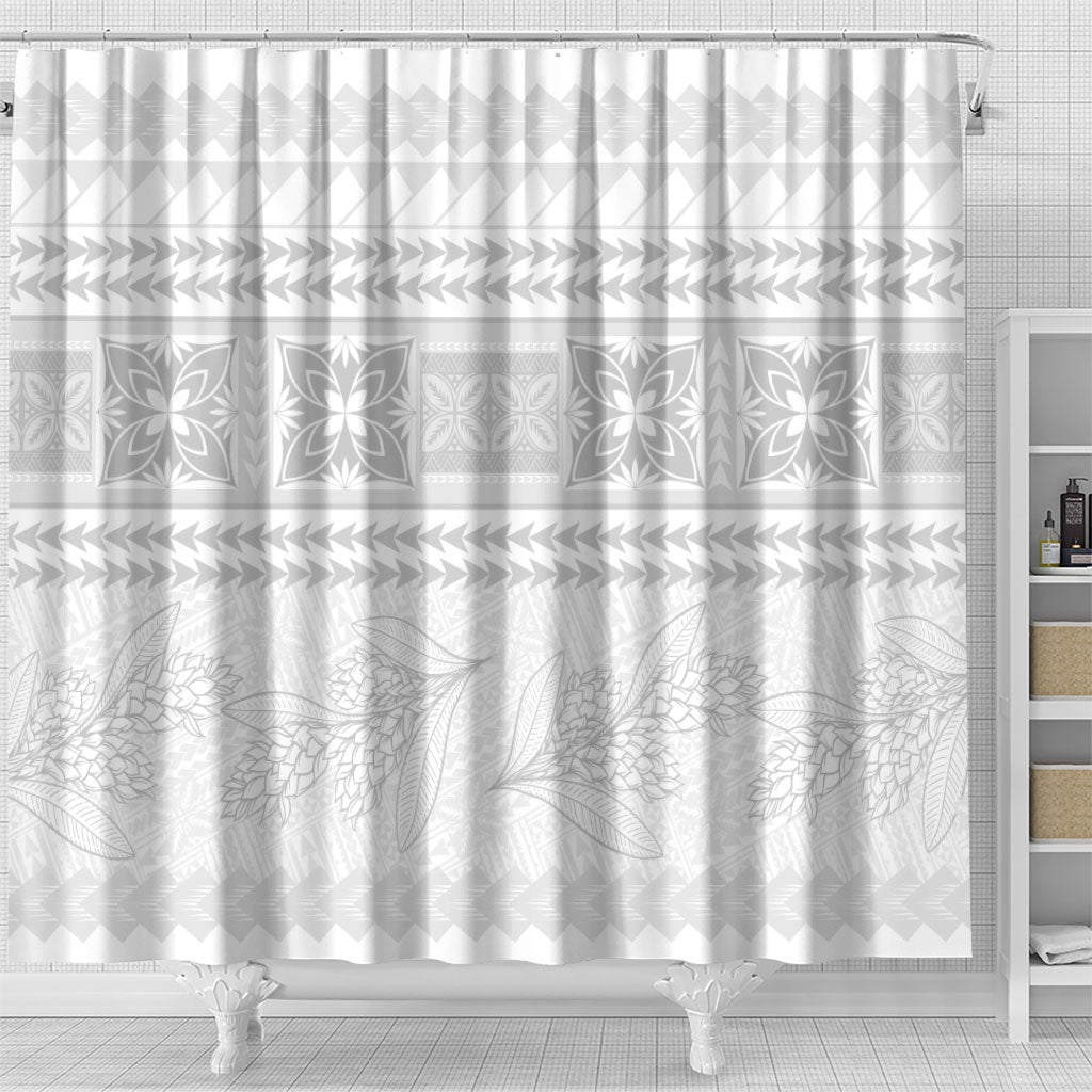 Samoa White Sunday Shower Curtain Lotu Tamaiti Samoan Siapo Teuila Flowers LT14 - Polynesian Pride