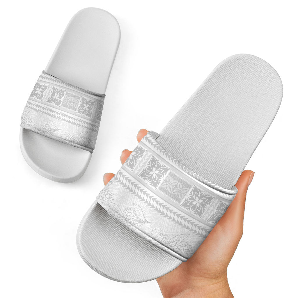 Samoa White Sunday Slide Sandals Lotu Tamaiti Samoan Siapo Teuila Flowers LT14 - Polynesian Pride